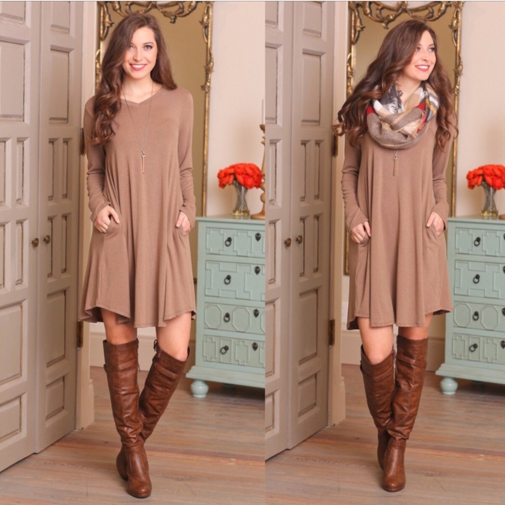 5 ★★★★★ Rated Taupe Long Sleeve V Neck Tunic Dress